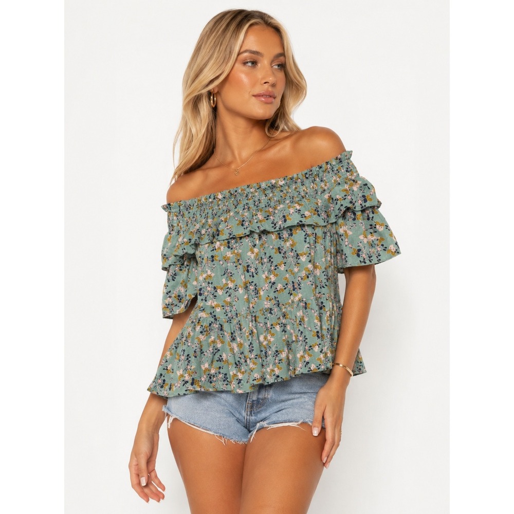 William Rast Arabella Off the Shoulder Blouse Green Floral Smocked S